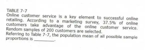 TABLE 7-7
Online customer service is a key element to successful online retailing. According to a marketing survey, 37.5% of online customers take advantage of the online customer service. Random samples of 200 customers are selected.
-Referring to Table 7-7, the population mean of all possible sample proportions is ________.