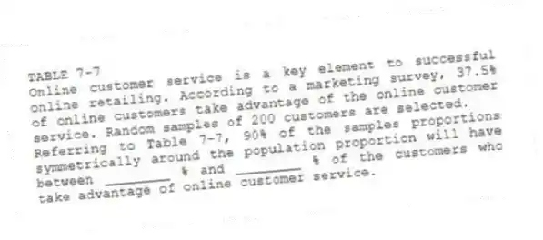 TABLE 7-7
Online customer service is a key element to successful online retailing. According to a marketing survey, 37.5% of online customers take advantage of the online customer service. Random samples of 200 customers are selected.
-Referring to Table 7-7, 90% of the samples proportions symmetrically around the population proportion will have between ________ % and ________ % of the customers who take advantage of online customer service.