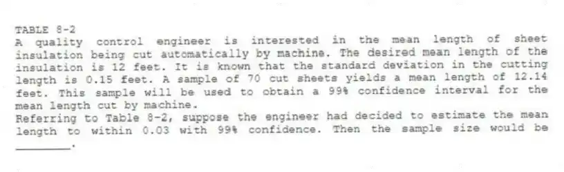 TABLE 8-2
A quality control engineer is interested in the mean length of sheet insulation being cut automatically by machine. The desired mean length of the insulation is 12 feet. It is known that the standard deviation in the cutting length is 0.15 feet. A sample of 70 cut sheets yields a mean length of 12.14 feet. This sample will be used to obtain a 99% confidence interval for the mean length cut by machine.
-Referring to Table 8-2, suppose the engineer had decided to estimate the mean length to within 0.03 with 99% confidence. Then the sample size would be ________.