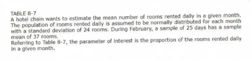 TABLE 8-7
A hotel chain wants to estimate the mean number of rooms rented daily in a given month. The population of rooms rented daily is assumed to be normally distributed for each month with a standard deviation of 24 rooms. During February, a sample of 25 days has a sample mean of 37 rooms.
-Referring to Table 8-7, the parameter of interest is the proportion of the rooms rented daily in a given month.