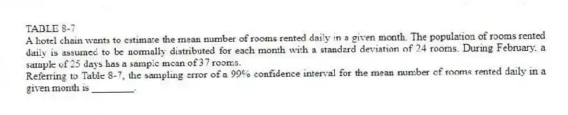 TABLE 8-7
A hotel chain wants to estimate the mean number of rooms rented daily in a given month. The population of rooms rented daily is assumed to be normally distributed for each month with a standard deviation of 24 rooms. During February, a sample of 25 days has a sample mean of 37 rooms.
-Referring to Table 8-7, the sampling error of a 99% confidence interval for the mean number of rooms rented daily in a given month is ________.