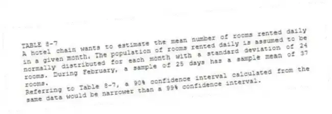 TABLE 8-7
A hotel chain wants to estimate the mean number of rooms rented daily in a given month. The population of rooms rented daily is assumed to be normally distributed for each month with a standard deviation of 24 rooms. During February, a sample of 25 days has a sample mean of 37 rooms.
-Referring to Table 8-7, a 90% confidence interval calculated from the same data would be narrower than a 99% confidence interval.