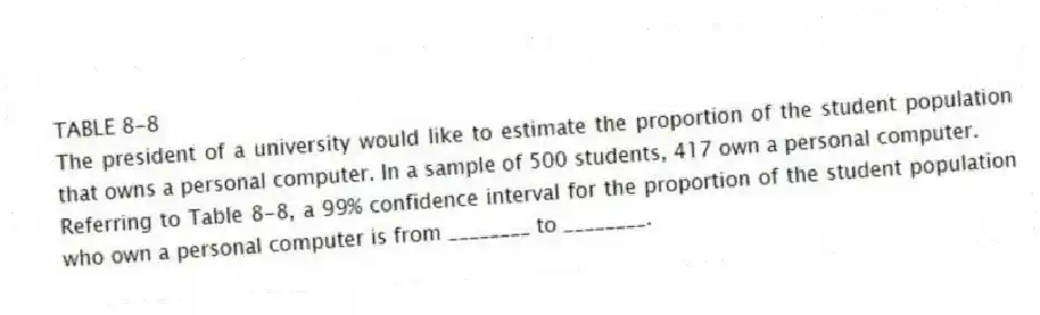TABLE 8-8
The president of a university would like to estimate the proportion of the student population that owns a personal computer. In a sample of 500 students, 417 own a personal computer.
-Referring to Table 8-8, a 99% confidence interval for the proportion of the student population who own a personal computer is from ________ to ________.