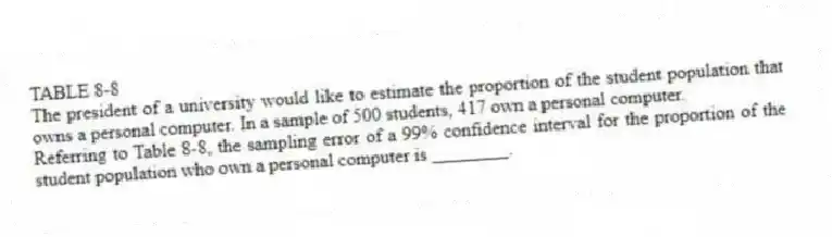 TABLE 8-8
The president of a university would like to estimate the proportion of the student population that owns a personal computer. In a sample of 500 students, 417 own a personal computer.
-Referring to Table 8-8, the sampling error of a 99% confidence interval for the proportion of the student population who own a personal computer is ________.