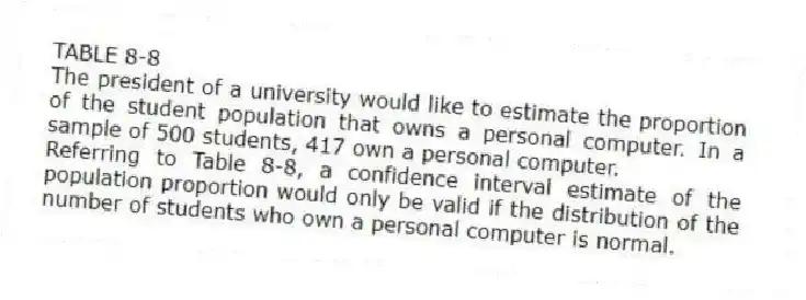 TABLE 8-8
The president of a university would like to estimate the proportion of the student population that owns a personal computer. In a sample of 500 students, 417 own a personal computer.
-Referring to Table 8-8, a confidence interval estimate of the population proportion would only be valid if the distribution of the number of students who own a personal computer is normal.