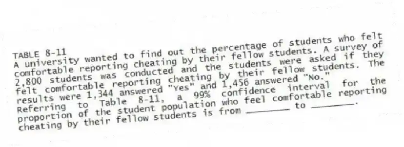 TABLE 8-11
A university wanted to find out the percentage of students who felt comfortable reporting cheating by their fellow students. A survey of 2,800 students was conducted and the students were asked if they felt comfortable reporting cheating by their fellow students. The results were 1,344 answered "Yes" and 1,456 answered "No."
-Referring to Table 8-11, a 99% confidence interval for the proportion of the student population who feel comfortable reporting cheating by their fellow students is from ________ to ________.