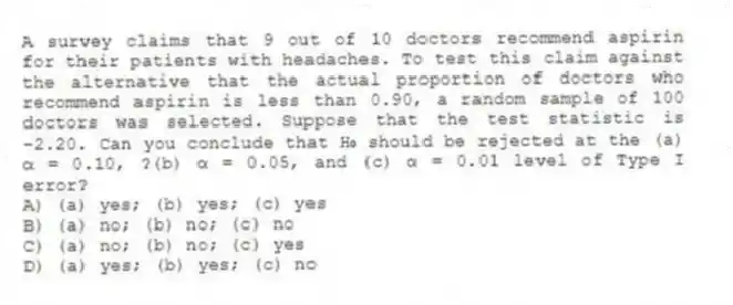 A survey claims that 9 out of 10 doctors recommend aspirin for their patients with headaches. To test this claim against the alternative that the actual proportion of doctors who recommend aspirin is less than 0.90, a random sample of 100 doctors was selected. Suppose that the test statistic is -2.20. Can you conclude that H₀ should be rejected at the (a) α = 0.10, ?(b) α = 0.05, and (c) α = 0.01 level of Type I error?
A) (a) yes; (b) yes; (c) yes
B) (a) no; (b) no; (c) no
C) (a) no; (b) no; (c) yes
D) (a) yes; (b) yes; (c) no