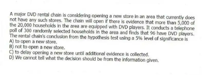 A major DVD rental chain is considering opening a new store in an area that currently does not have any such stores. The chain will open if there is evidence that more than 5,000 of the 20,000 households in the area are equipped with DVD players. It conducts a telephone poll of 300 randomly selected households in the area and finds that 96 have DVD players. The rental chain's conclusion from the hypothesis test using a 5% level of significance is
A) to open a new store.
B) not to open a new store.
C) to delay opening a new store until additional evidence is collected.
D) We cannot tell what the decision should be from the information given.