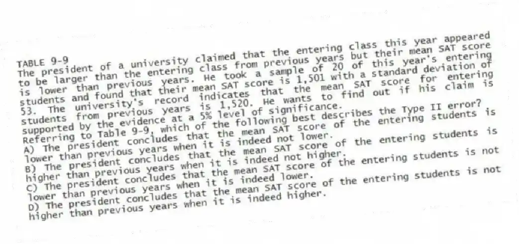 TABLE 9-9
The president of a university claimed that the entering class this year appeared to be larger than the entering class from previous years but their mean SAT score is lower than previous years. He took a sample of 20 of this year's entering students and found that their mean SAT score is 1,501 with a standard deviation of 53. The university's record indicates that the mean SAT score for entering students from previous years is 1,520. He wants to find out if his claim is supported by the evidence at a 5% level of significance.
-Referring to Table 9-9, which of the following best describes the Type II error?
A) The president concludes that the mean SAT score of the entering students is lower than previous years when it is indeed not lower.
B) The president concludes that the mean SAT score of the entering students is higher than previous years when it is indeed not higher.
C) The president concludes that the mean SAT score of the entering students is not lower than previous years when it is indeed lower.
D) The president concludes that the mean SAT score of the entering students is not higher than previous years when it is indeed higher.