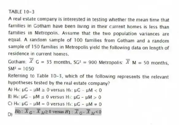 TABLE 10-3
A real estate company is interested in testing whether the mean time that families in Gotham have been living in their current homes is less than families in Metropolis. Assume that the two population variances are equal. A random sample of 100 families from Gotham and a random sample of 150 families in Metropolis yield the following data on length of residence in current homes.
Gotham: G = 35 months, SG² = 900 Metropolis: M = 50 months, SM² = 1050
-Referring to Table 10-3, which of the following represents the relevant hypotheses tested by the real estate company?
A) H₀: μG - μM ≥ 0 versus H₁: μG - μM < 0
B) H₀: μG - μM ≤ 0 versus H₁: μG - μM > 0
C) H₀: μG - μM = 0 versus H₁: μG - μM ≠ 0