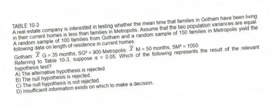 TABLE 10-3
A real estate company is interested in testing whether the mean time that families in Gotham have been living in their current homes is less than families in Metropolis. Assume that the two population variances are equal. A random sample of 100 families from Gotham and a random sample of 150 families in Metropolis yield the following data on length of residence in current homes.
Gotham: G = 35 months, SG² = 900 Metropolis: M = 50 months, SM² = 1050
-Referring to Table 10-3, suppose α = 0.05. Which of the following represents the result of the relevant hypothesis test?
A) The alternative hypothesis is rejected.
B) The null hypothesis is rejected.
C) The null hypothesis is not rejected.
D) Insufficient information exists on which to make a decision.