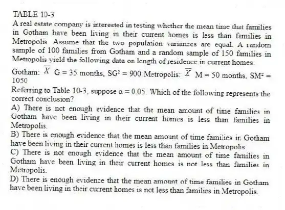 TABLE 10-3
A real estate company is interested in testing whether the mean time that families in Gotham have been living in their current homes is less than families in Metropolis. Assume that the two population variances are equal. A random sample of 100 families from Gotham and a random sample of 150 families in Metropolis yield the following data on length of residence in current homes.
Gotham: G = 35 months, SG² = 900 Metropolis: M = 50 months, SM² = 1050
-Referring to Table 10-3, suppose α = 0.05. Which of the following represents the correct conclusion?
A) There is not enough evidence that the mean amount of time families in Gotham have been living in their current homes is less than families in Metropolis.
B) There is enough evidence that the mean amount of time families in Gotham have been living in their current homes is less than families in Metropolis.
C) There is not enough evidence that the mean amount of time families in Gotham have been living in their current homes is not less than families in Metropolis.
D) There is enough evidence that the mean amount of time families in Gotham have been living in their current homes is not less than families in Metropolis.