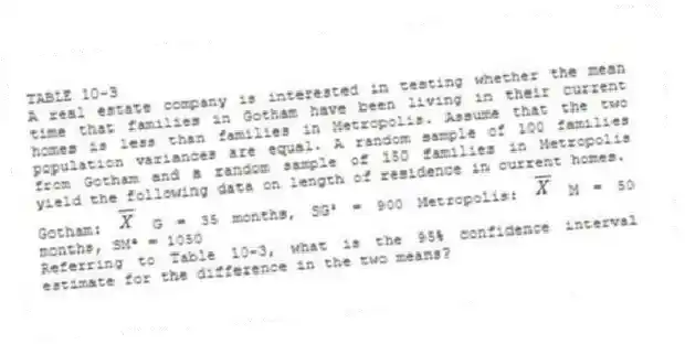 TABLE 10-3
A real estate company is interested in testing whether the mean time that families in Gotham have been living in their current homes is less than families in Metropolis. Assume that the two population variances are equal. A random sample of 100 families from Gotham and a random sample of 150 families in Metropolis yield the following data on length of residence in current homes.
Gotham: G = 35 months, SG² = 900 Metropolis: M = 50 months, SM² = 1050
-Referring to Table 10-3, what is the 95% confidence interval estimate for the difference in the two means?