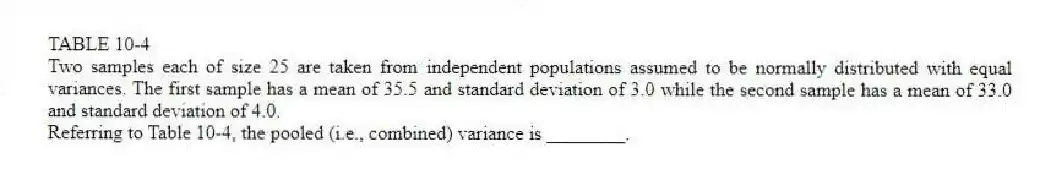 TABLE 10-4
Two samples each of size 25 are taken from independent populations assumed to be normally distributed with equal variances. The first sample has a mean of 35.5 and standard deviation of 3.0 while the second sample has a mean of 33.0 and standard deviation of 4.0.
-Referring to Table 10-4, the pooled (i.e., combined) variance is ________.