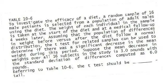 TABLE 10-6
To investigate the efficacy of a diet, a random sample of 16 male patients is selected from a population of adult males using the diet. The weight of each individual in the sample is taken at the start of the diet and at a medical follow-up 4 weeks later. Assuming that the population of differences in weight before versus after the diet follow a normal distribution, the t test for related samples can be used to determine if there was a significant decrease in the mean weight during this period. Suppose the mean decrease in weights over all 16 subjects in the study is 3.0 pounds with the standard deviation of differences computed as 6.0 pounds.
-Referring to Table 10-6, the t test should be ________ -tail.