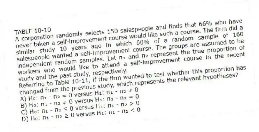 TABLE 10-10
A corporation randomly selects 150 salespeople and finds that 66% who have never taken a self-improvement course would like such a course. The firm did a similar study 10 years ago in which 60% of a random sample of 160 salespeople wanted a self-improvement course. The groups are assumed to be independent random samples. Let π₁ and π₂ represent the true proportion of workers who would like to attend a self-improvement course in the recent study and the past study, respectively.
-Referring to Table 10-11, if the firm wanted to test whether this proportion has changed from the previous study, which represents the relevant hypotheses?
A) H₀: π₁ - π₂ = 0 versus H₁: π₁ - π₂ ≠ 0
B) H₀: π₁ - π₂ ≠ 0 versus H₁: π₁ - π₂ = 0
C) H₀: π₁ - π₂ ≤ 0 versus H₁: π₁ - π₂ > 0
D) H₀: π₁ - π₂ ≥ 0 versus H₁: π₁ - π₂ < 0