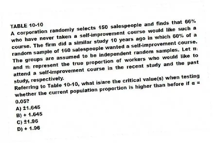 TABLE 10-10
A corporation randomly selects 150 salespeople and finds that 66% who have never taken a self-improvement course would like such a course. The firm did a similar study 10 years ago in which 60% of a random sample of 160 salespeople wanted a self-improvement course. The groups are assumed to be independent random samples. Let π₁ and π₂ represent the true proportion of workers who would like to attend a self-improvement course in the recent study and the past study, respectively.
-Referring to Table 10-10, what is/are the critical value(s) when testing whether the current population proportion is higher than before if α = 0.05?
A) ±1.645
B) + 1.645
C) ±1.96
D) + 1.96