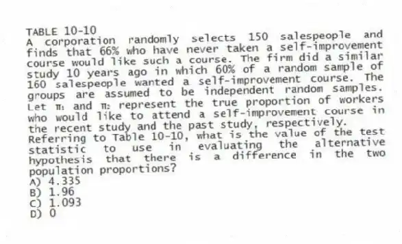 TABLE 10-10
A corporation randomly selects 150 salespeople and finds that 66% who have never taken a self-improvement course would like such a course. The firm did a similar study 10 years ago in which 60% of a random sample of 160 salespeople wanted a self-improvement course. The groups are assumed to be independent random samples. Let π₁ and π₂ represent the true proportion of workers who would like to attend a self-improvement course in the recent study and the past study, respectively.
-Referring to Table 10-10, what is the value of the test statistic to use in evaluating the alternative hypothesis that there is a difference in the two population proportions?
A) 4.335
B) 1.96
C) 1.093
D) 0