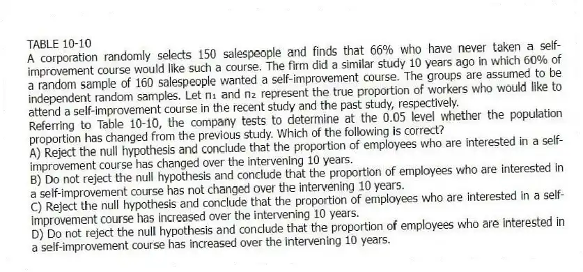 TABLE 10-10
A corporation randomly selects 150 salespeople and finds that 66% who have never taken a self-improvement course would like such a course. The firm did a similar study 10 years ago in which 60% of a random sample of 160 salespeople wanted a self-improvement course. The groups are assumed to be independent random samples. Let π₁ and π₂ represent the true proportion of workers who would like to attend a self-improvement course in the recent study and the past study, respectively.
-Referring to Table 10-10, the company tests to determine at the 0.05 level whether the population proportion has changed from the previous study. Which of the following is correct?
A) Reject the null hypothesis and conclude that the proportion of employees who are interested in a self-improvement course has changed over the intervening 10 years.
B) Do not reject the null hypothesis and conclude that the proportion of employees who are interested in a self-improvement course has not changed over the intervening 10 years.
C) Reject the null hypothesis and conclude that the proportion of employees who are interested in a self-improvement course has increased over the intervening 10 years.
D) Do not reject the null hypothesis and conclude that the proportion of employees who are interested in a self-improvement course has increased over the intervening 10 years.