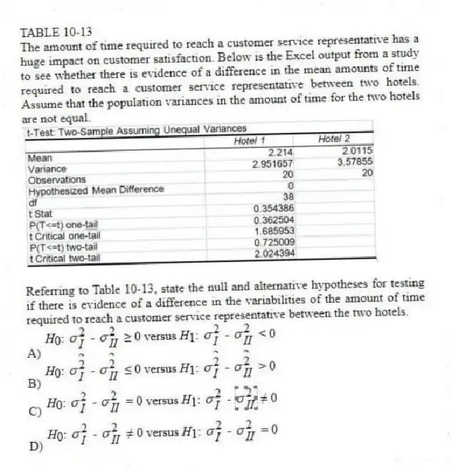 TABLE 10-13
The amount of time required to reach a customer service representative has a huge impact on customer satisfaction. Below is the Excel output from a study to see whether there is evidence of a difference in the mean amounts of time required to reach a customer service representative between two hotels. Assume that the population variances in the amount of time for the two hotels are not equal.
 
-Referring to Table 10-13, state the null and alternative hypotheses for testing if there is evidence of a difference in the variabilities of the amount of time required to reach a customer service representative between the two hotels.
