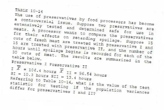 TABLE 10-14
The use of preservatives by food processors has become a controversial issue. Suppose two preservatives are extensively tested and determined safe for use in meats. A processor wants to compare the preservatives for their effects on retarding spoilage. Suppose 15 cuts of fresh meat are treated with preservative I and 15 are treated with preservative II, and the number of hours until spoilage begins is recorded for each of the 30 cuts of meat. The results are summarized in the table below.
Preservative I Preservative II
I = 106.4 hours II = 96.54 hours
SI = 10.3 hours SII = 13.4 hours
-Referring to Table 10-14, what is the value of the test statistic for testing if the population variances differ for preservatives I and II?