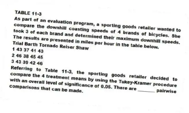 TABLE 11-3
As part of an evaluation program, a sporting goods retailer wanted to compare the downhill coasting speeds of 4 brands of bicycles. She took 3 of each brand and determined their maximum downhill speeds. The results are presented in miles per hour in the table below.
Trial Barth Tornado Reiser Shaw
1 43 37 41 43
2 46 38 45 45
3 43 39 42 46
-Referring to Table 11-3, the sporting goods retailer decided to compare the 4 treatment means by using the Tukey-Kramer procedure with an overall level of significance of 0.05. There are ________ pairwise comparisons that can be made.
