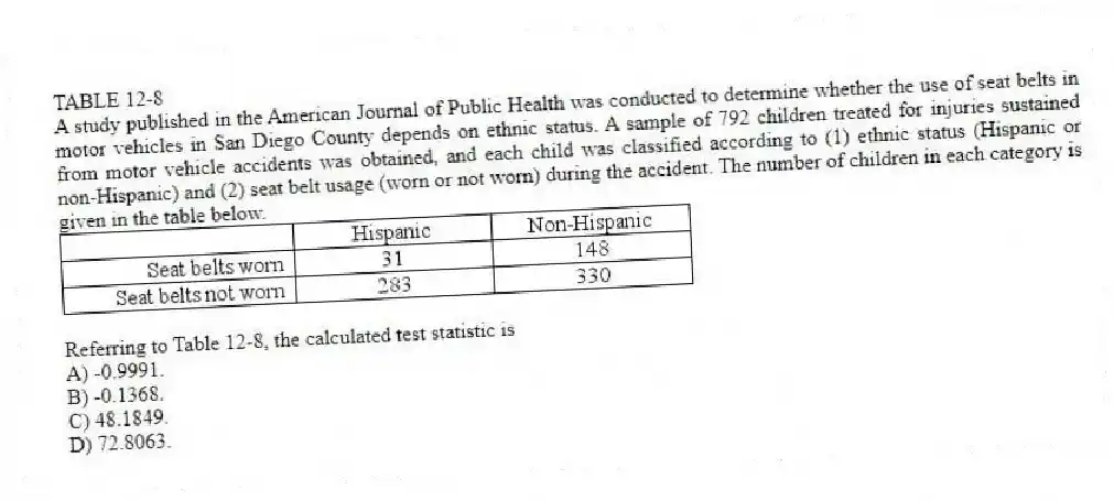 TABLE 12-8
A study published in the American Journal of Public Health was conducted to determine whether the use of seat belts in motor vehicles in San Diego County depends on ethnic status. A sample of 792 children treated for injuries sustained from motor vehicle accidents was obtained, and each child was classified according to (1) ethnic status (Hispanic or non-Hispanic) and (2) seat belt usage (worn or not worn) during the accident. The number of children in each category is given in the table below.
-Referring to Table 12-8, the calculated test statistic is
A) -0.9991.
B) -0.1368.
C) 48.1849.
D) 72.8063.