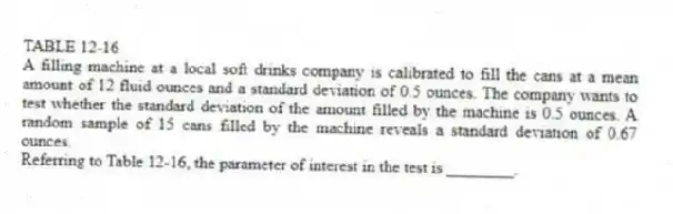 TABLE 12-16
A filling machine at a local soft drinks company is calibrated to fill the cans at a mean amount of 12 fluid ounces and a standard deviation of 0.5 ounces. The company wants to test whether the standard deviation of the amount filled by the machine is 0.5 ounces. A random sample of 15 cans filled by the machine reveals a standard deviation of 0.67 ounces.
-Referring to Table 12-16, the parameter of interest in the test is ________.