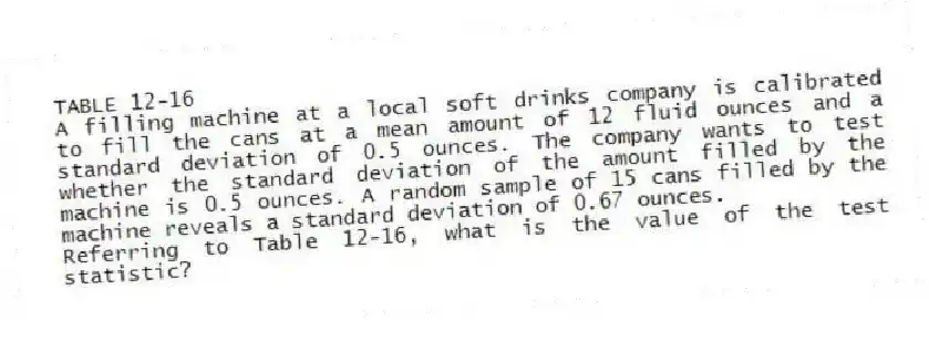 TABLE 12-16
A filling machine at a local soft drinks company is calibrated to fill the cans at a mean amount of 12 fluid ounces and a standard deviation of 0.5 ounces. The company wants to test whether the standard deviation of the amount filled by the machine is 0.5 ounces. A random sample of 15 cans filled by the machine reveals a standard deviation of 0.67 ounces.
-Referring to Table 12-16, what is the value of the test statistic?