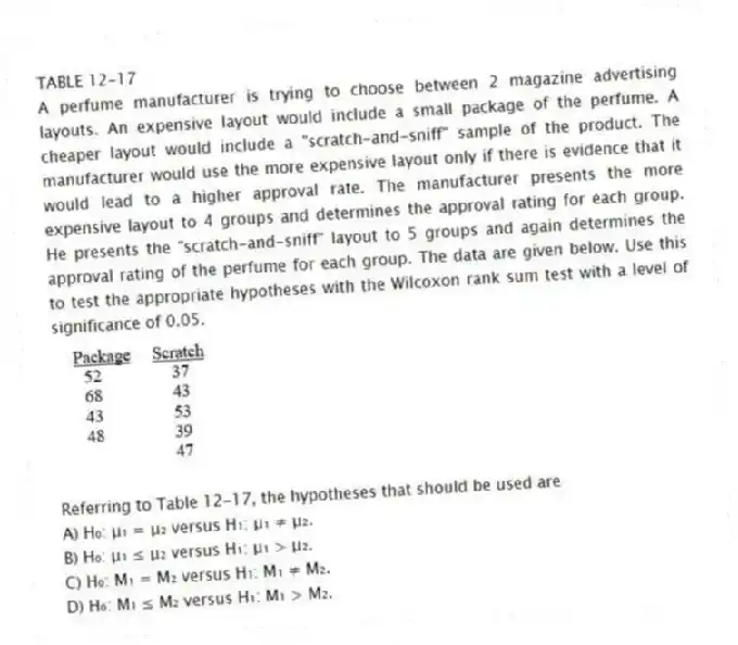 TABLE 12-17
A perfume manufacturer is trying to choose between 2 magazine advertising layouts. An expensive layout would include a small package of the perfume. A cheaper layout would include a "scratch-and-sniff" sample of the product. The manufacturer would use the more expensive layout only if there is evidence that it would lead to a higher approval rate. The manufacturer presents the more expensive layout to 4 groups and determines the approval rating for each group. He presents the "scratch-and-sniff" layout to 5 groups and again determines the approval rating of the perfume for each group. The data are given below. Use this to test the appropriate hypotheses with the Wilcoxon rank sum test with a level of significance of 0.05.
-Referring to Table 12-17, the hypotheses that should be used are
A) H₀: μ₁ = μ₂ versus H₁: μ₁ ≠ μ₂.
B) H₀: μ₁ ≤ μ₂ versus H₁: μ₁ > μ₂.
C) H₀: M₁ = M₂ versus H₁: M₁ ≠ M₂.
D) H₀: M₁ ≤ M₂ versus H₁: M₁ > M₂.