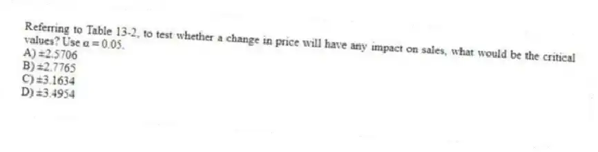 Referring to Table 13-2, to test whether a change in price will have any impact on sales, what would be the critical values? Use α = 0.05.
A) ±2.5706
B) ±2.7765
C) ±3.1634
D) ±3.4954