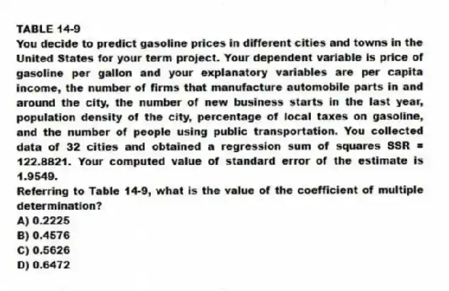 TABLE 14-9
You decide to predict gasoline prices in different cities and towns in the United States for your term project. Your dependent variable is price of gasoline per gallon and your explanatory variables are per capita income, the number of firms that manufacture automobile parts in and around the city, the number of new business starts in the last year, population density of the city, percentage of local taxes on gasoline, and the number of people using public transportation. You collected data of 32 cities and obtained a regression sum of squares SSR = 122.8821. Your computed value of standard error of the estimate is 1.9549.
-Referring to Table 14-9, what is the value of the coefficient of multiple determination?
A) 0.2225
B) 0.4576
C) 0.5626
D) 0.6472