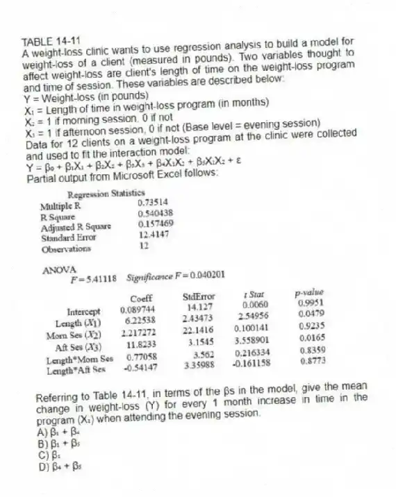 TABLE 14-11
A weight-loss clinic wants to use regression analysis to build a model for weight-loss of a client (measured in pounds). Two variables thought to affect weight-loss are client's length of time on the weight-loss program and time of session. These variables are described below:
Y = Weight-loss (in pounds)
X₁ = Length of time in weight-loss program (in months)
X₂ = 1 if morning session, 0 if not
X₃ = 1 if afternoon session, 0 if not (Base level = evening session)
Data for 12 clients on a weight-loss program at the clinic were collected and used to fit the interaction model:
Y = β₀ + β₁X₁ + β₂X₂ + β₃X₃ + β₄X₁X₂ + β₅X₁X₂ + ε
Partial output from Microsoft Excel follows:
-Referring to Table 14-11, in terms of the βs in the model, give the mean change in weight-loss (Y) for every 1 month increase in time in the program (X₁) when attending the evening session.
A) β₁ + β₄
B) β₁ + β₅
C) β₁
D) β₄ + β₅