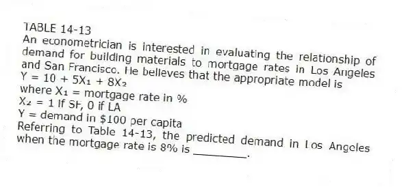 TABLE 14-13
An econometrician is interested in evaluating the relationship of demand for building materials to mortgage rates in Los Angeles and San Francisco. He believes that the appropriate model is
Y = 10 + 5X₁ + 8X₂
where X₁ = mortgage rate in %
X₂ = 1 if SF, 0 if LA
Y = demand in $100 per capita
-Referring to Table 14-13, the predicted demand in Los Angeles when the mortgage rate is 8% is ________.