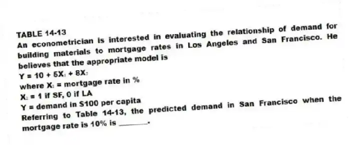 TABLE 14-13
An econometrician is interested in evaluating the relationship of demand for building materials to mortgage rates in Los Angeles and San Francisco. He believes that the appropriate model is
Y = 10 + 5X₁ + 8X₂
where X₁ = mortgage rate in %
X₂ = 1 if SF, 0 if LA
Y = demand in $100 per capita
-Referring to Table 14-13, the predicted demand in San Francisco when the mortgage rate is 10% is ________.