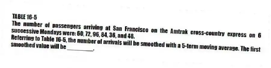 TABLE 16-5
The number of passengers arriving at San Francisco on the Amtrak cross-country express on 6 successive Mondays were: 60, 72, 96, 84, 36, and 48.
-Referring to Table 16-5, the number of arrivals will be smoothed with a 5-term moving average. The first smoothed value will be ________.