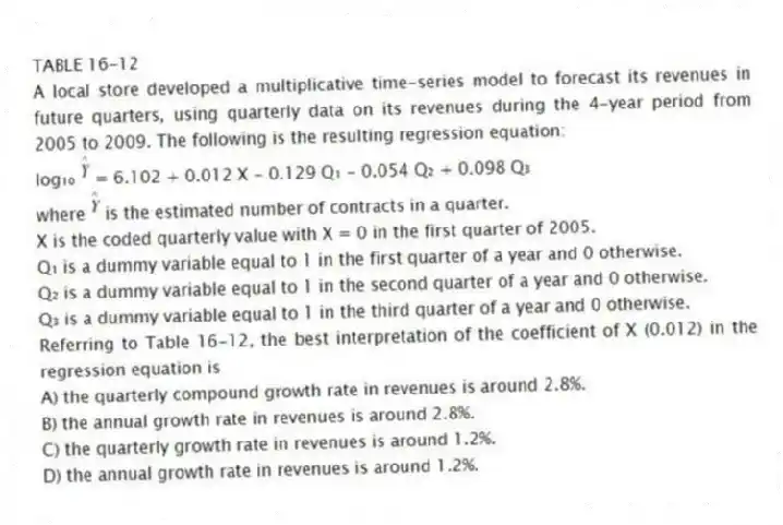 TABLE 16-12
A local store developed a multiplicative time-series model to forecast its revenues in future quarters, using quarterly data on its revenues during the 4-year period from 2005 to 2009. The following is the resulting regression equation:
log₁₀ = 6.102 + 0.012 X - 0.129 Q₁ - 0.054 Q₂ + 0.098 Q₃
where is the estimated number of contracts in a quarter.
X is the coded quarterly value with X = 0 in the first quarter of 2005.
Q₁ is a dummy variable equal to 1 in the first quarter of a year and 0 otherwise.
Q₂ is a dummy variable equal to 1 in the second quarter of a year and 0 otherwise.
Q₃ is a dummy variable equal to 1 in the third quarter of a year and 0 otherwise.
-Referring to Table 16-12, the best interpretation of the coefficient of X (0.012) in the regression equation is
A) the quarterly compound growth rate in revenues is around 2.8%.
B) the annual growth rate in revenues is around 2.8%.
C) the quarterly growth rate in revenues is around 1.2%.
D) the annual growth rate in revenues is around 1.2%.