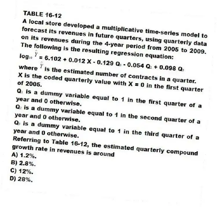 TABLE 16-12
A local store developed a multiplicative time-series model to forecast its revenues in future quarters, using quarterly data on its revenues during the 4-year period from 2005 to 2009. The following is the resulting regression equation:
log₁₀ = 6.102 + 0.012 X - 0.129 Q₁ - 0.054 Q₂ + 0.098 Q₃
where is the estimated number of contracts in a quarter.
X is the coded quarterly value with X = 0 in the first quarter of 2005.
Q₁ is a dummy variable equal to 1 in the first quarter of a year and 0 otherwise.
Q₂ is a dummy variable equal to 1 in the second quarter of a year and 0 otherwise.
Q₃ is a dummy variable equal to 1 in the third quarter of a year and 0 otherwise.
-Referring to Table 16-12, the estimated quarterly compound growth rate in revenues is around
A) 1.2%.
B) 2.8%.
C) 12%.
D) 28%.