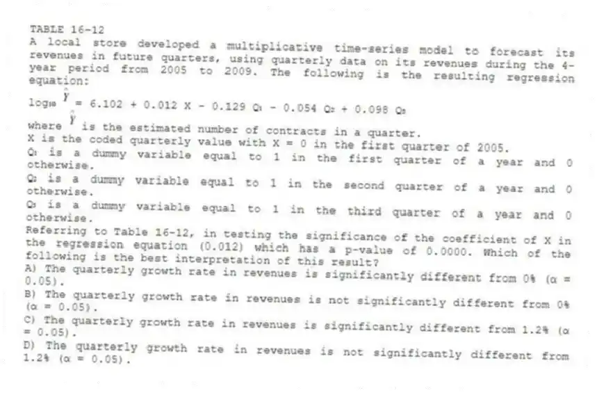 TABLE 16-12
A local store developed a multiplicative time-series model to forecast its revenues in future quarters, using quarterly data on its revenues during the 4-year period from 2005 to 2009. The following is the resulting regression equation:
log₁₀ = 6.102 + 0.012 X - 0.129 Q₁ - 0.054 Q₂ + 0.098 Q₃
where is the estimated number of contracts in a quarter.
X is the coded quarterly value with X = 0 in the first quarter of 2005.
Q₁ is a dummy variable equal to 1 in the first quarter of a year and 0 otherwise.
Q₂ is a dummy variable equal to 1 in the second quarter of a year and 0 otherwise.
Q₃ is a dummy variable equal to 1 in the third quarter of a year and 0 otherwise.
-Referring to Table 16-12, in testing the significance of the coefficient of X in the regression equation (0.012) which has a p-value of 0.0000. Which of the following is the best interpretation of this result?
A) The quarterly growth rate in revenues is significantly different from 0% (α = 0.05).
B) The quarterly growth rate in revenues is not significantly different from 0% (α = 0.05).
C) The quarterly growth rate in revenues is significantly different from 1.2% (α = 0.05).
D) The quarterly growth rate in revenues is not significantly different from 1.2% (α = 0.05).