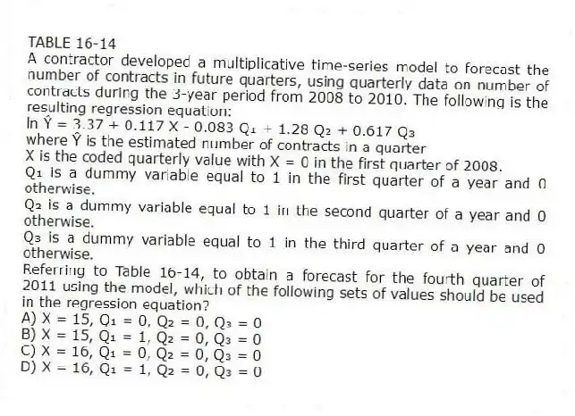 TABLE 16-14
A contractor developed a multiplicative time-series model to forecast the number of contracts in future quarters, using quarterly data on number of contracts during the 3-year period from 2008 to 2010. The following is the resulting regression equation:
ln Ŷ = 3.37 + 0.117 X - 0.083 Q₁ + 1.28 Q₂ + 0.617 Q₃
where Ŷ is the estimated number of contracts in a quarter
X is the coded quarterly value with X = 0 in the first quarter of 2008.
Q₁ is a dummy variable equal to 1 in the first quarter of a year and 0 otherwise.
Q₂ is a dummy variable equal to 1 in the second quarter of a year and 0 otherwise.
Q₃ is a dummy variable equal to 1 in the third quarter of a year and 0 otherwise.
-Referring to Table 16-14, to obtain a forecast for the fourth quarter of 2011 using the model, which of the following sets of values should be used in the regression equation?
A) X = 15, Q₁ = 0, Q₂ = 0, Q₃ = 0
B) X = 15, Q₁ = 1, Q₂ = 0, Q₃ = 0
C) X = 16, Q₁ = 0, Q₂ = 0, Q₃ = 0
D) X = 16, Q₁ = 1, Q₂ = 0, Q₃ = 0