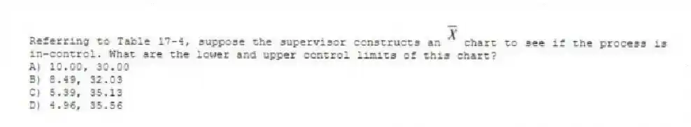Referring to Table 17-4, suppose the supervisor constructs an chart to see if the process is in-control. What are the lower and upper control limits of this chart?
A) 10.00, 30.00
B) 8.49, 32.03
C) 5.39, 35.13
D) 4.96, 35.56