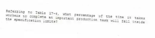 Referring to Table 17-4, what percentage of the time it takes workers to complete an important production task will fall inside the specification limits?