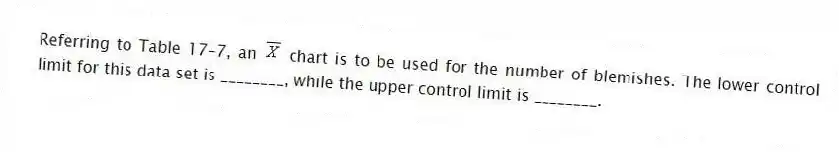 Referring to Table 17-7, an chart is to be used for the number of blemishes. The lower control limit for this data set is ________, while the upper control limit is ________.