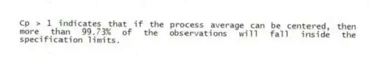 Cp > 1 indicates that if the process average can be centered, then more than 99.73% of the observations will fall inside the specification limits.