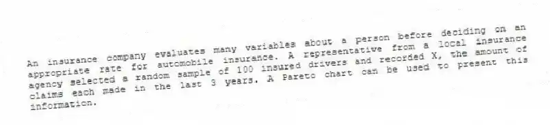 An insurance company evaluates many variables about a person before deciding on an appropriate rate for automobile insurance. A representative from a local insurance agency selected a random sample of 100 insured drivers and recorded X, the amount of claims each made in the last 3 years. A Pareto chart can be used to present this information.