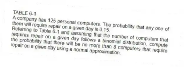 TABLE 6-1
A company has 125 personal computers. The probability that any one of them will require repair on a given day is 0.15.
-Referring to Table 6-1 and assuming that the number of computers that requires repair on a given day follows a binomial distribution, compute the probability that there will be no more than 8 computers that require repair on a given day using a normal approximation.