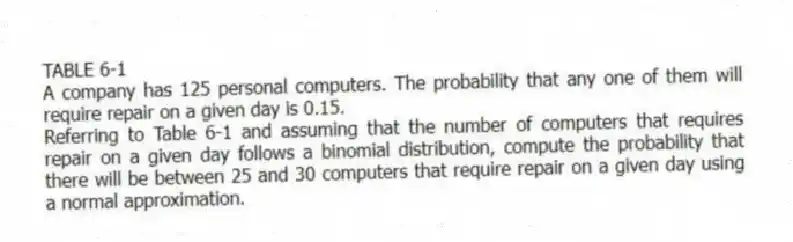 TABLE 6-1
A company has 125 personal computers. The probability that any one of them will require repair on a given day is 0.15.
-Referring to Table 6-1 and assuming that the number of computers that requires repair on a given day follows a binomial distribution, compute the probability that there will be between 25 and 30 computers that require repair on a given day using a normal approximation.