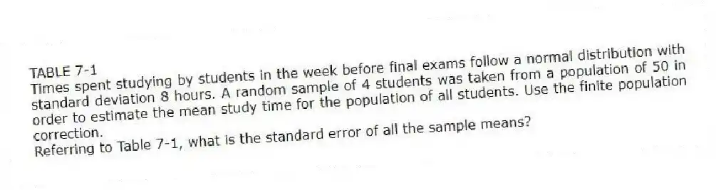 TABLE 7-1
Times spent studying by students in the week before final exams follow a normal distribution with standard deviation 8 hours. A random sample of 4 students was taken from a population of 50 in order to estimate the mean study time for the population of all students. Use the finite population correction.
-Referring to Table 7-1, what is the standard error of all the sample means?