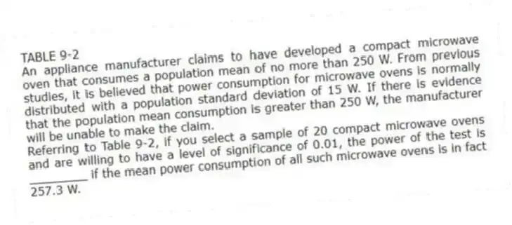 TABLE 9-2
An appliance manufacturer claims to have developed a compact microwave oven that consumes a population mean of no more than 250 W. From previous studies, it is believed that power consumption for microwave ovens is normally distributed with a population standard deviation of 15 W. If there is evidence that the population mean consumption is greater than 250 W, the manufacturer will be unable to make the claim.
-Referring to Table 9-2, if you select a sample of 20 compact microwave ovens and are willing to have a level of significance of 0.01, the power of the test is ________ if the mean power consumption of all such microwave ovens is in fact 257.3 W.