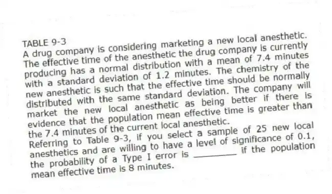 TABLE 9-3
A drug company is considering marketing a new local anesthetic. The effective time of the anesthetic the drug company is currently producing has a normal distribution with a mean of 7.4 minutes with a standard deviation of 1.2 minutes. The chemistry of the new anesthetic is such that the effective time should be normally distributed with the same standard deviation. The company will market the new local anesthetic as being better if there is evidence that the population mean effective time is greater than the 7.4 minutes of the current local anesthetic.
-Referring to Table 9-3, if you select a sample of 25 new local anesthetics and are willing to have a level of significance of 0.1, the probability of a Type I error is ________ if the population mean effective time is 8 minutes.